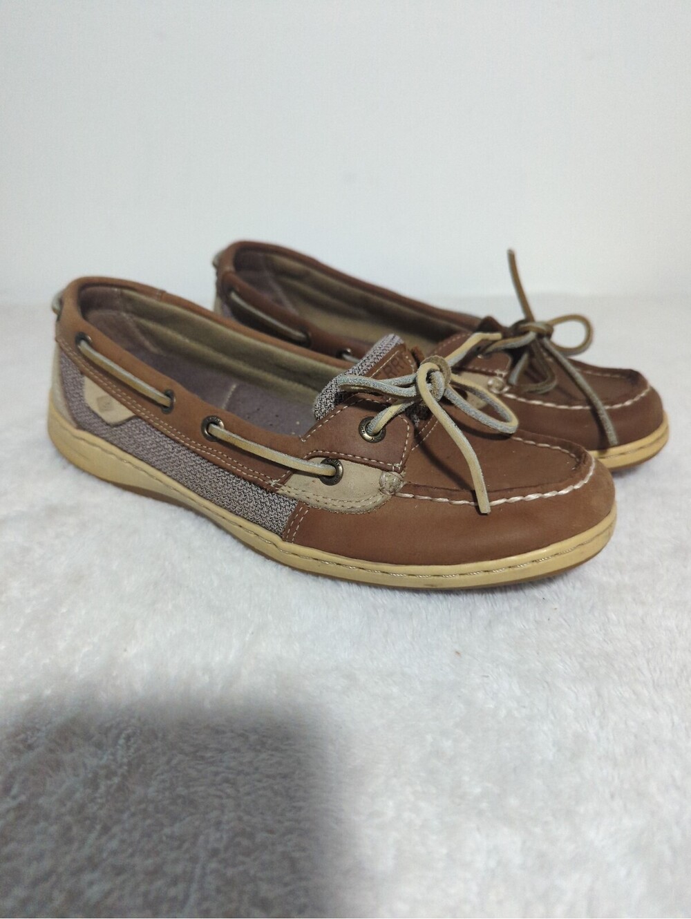 Sperry Brown Leather and Fabric Boat Shoes Womens Size 8.5